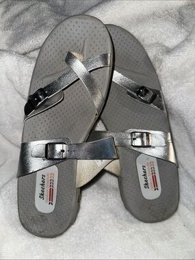 Skechers Metallic Silver Buckle Cross-Strap Sandals